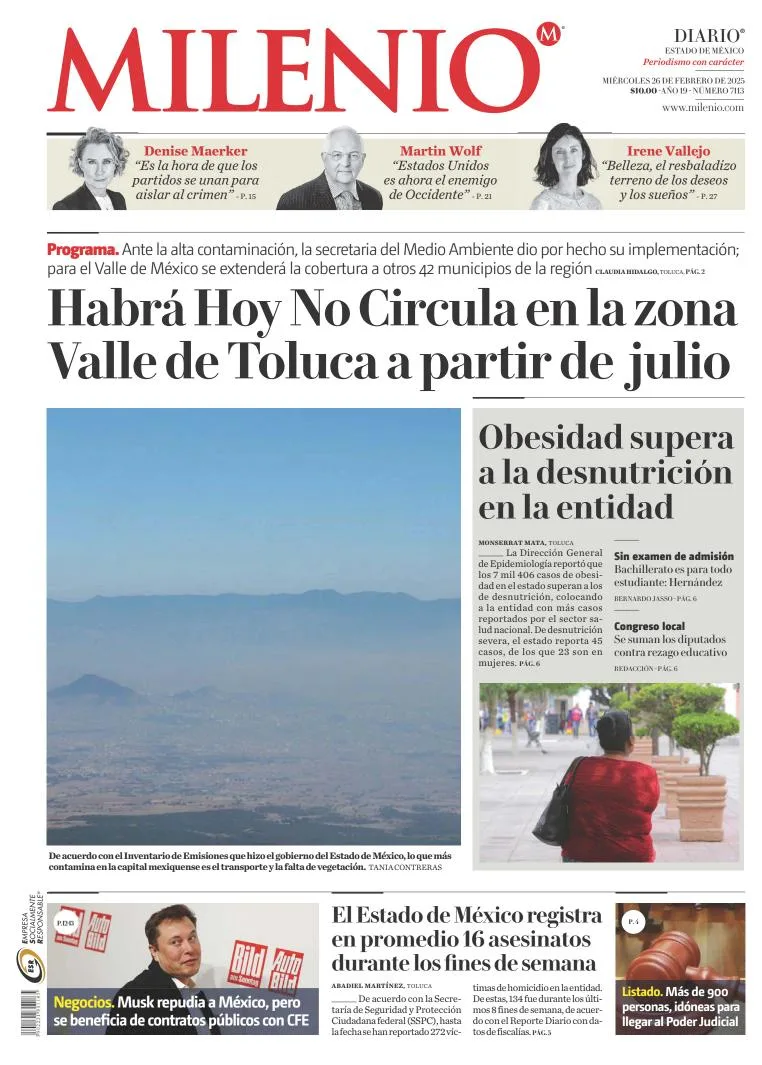 Portada de Milenio Edo de México del miércoles, 26 de febrero de 2025