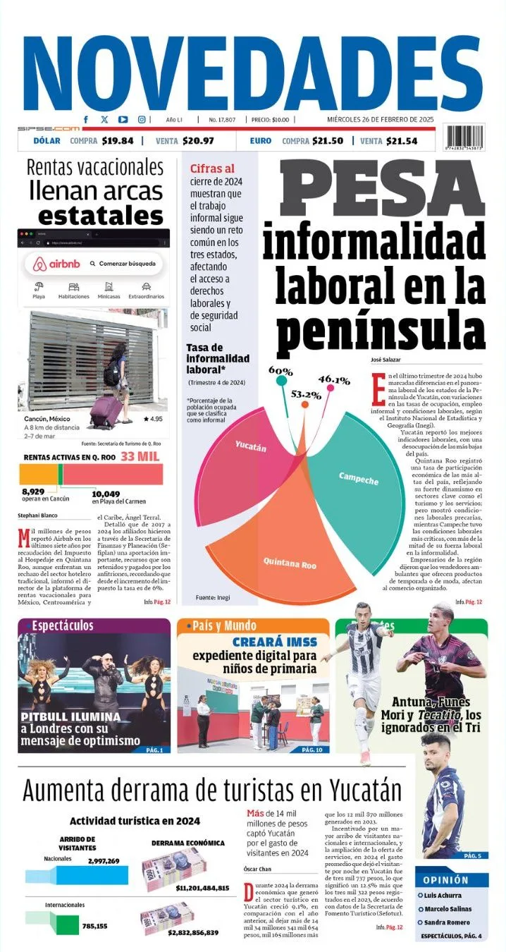 Portada de Novedades Quintana Roo del miércoles, 26 de febrero de 2025