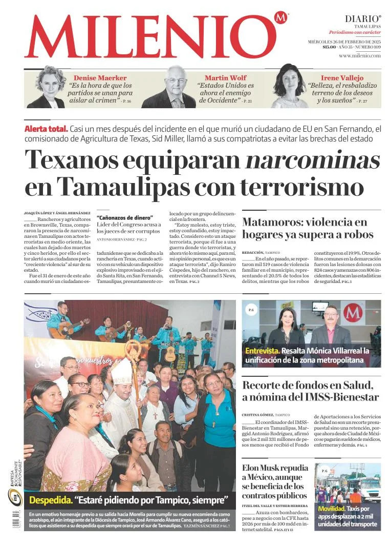 Portada de Milenio Tamaulipas del miércoles, 26 de febrero de 2025