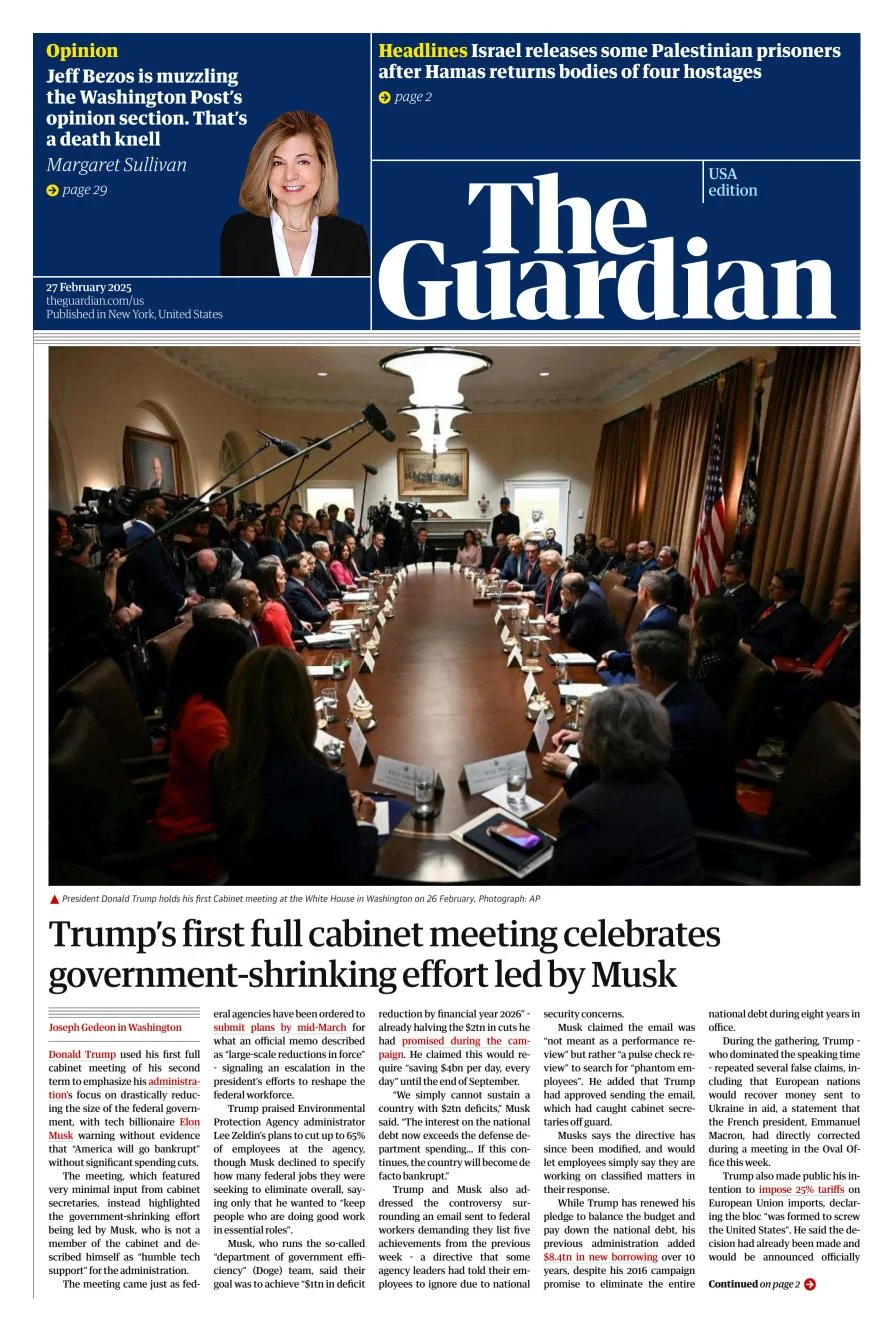 Portada de The Guardian (USA) del jueves, 27 de febrero de 2025