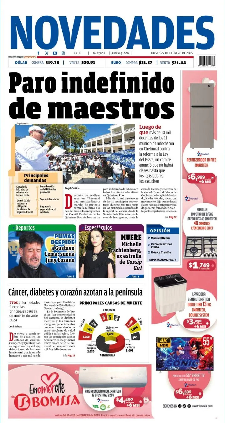 Portada de Novedades Quintana Roo del jueves, 27 de febrero de 2025