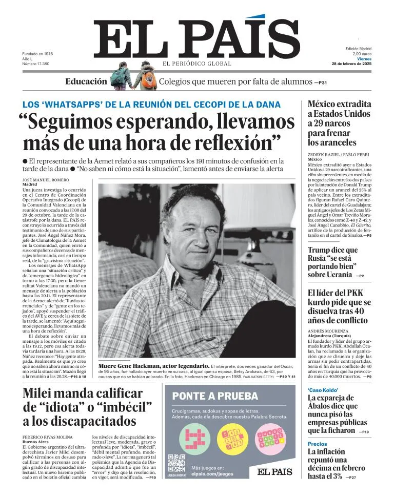 Portada de El País del viernes, 28 de febrero de 2025