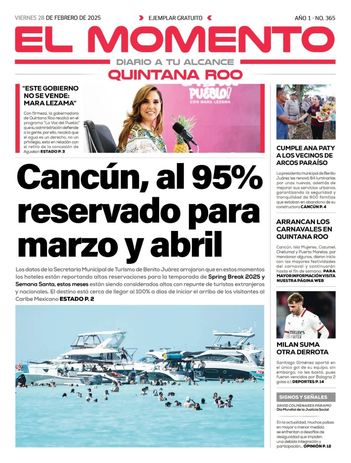 Portada de El Momento Quintana Roo del viernes, 28 de febrero de 2025