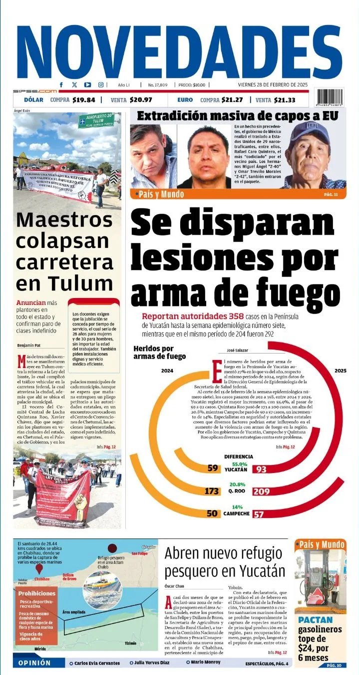 Portada de Novedades Quintana Roo del viernes, 28 de febrero de 2025