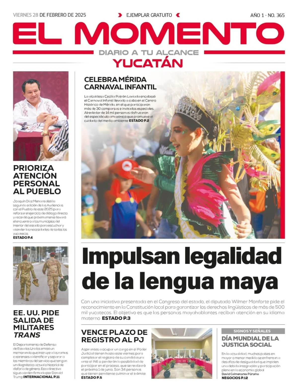 Portada de El Momento Yucatan del viernes, 28 de febrero de 2025