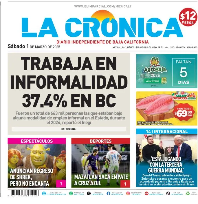 Portada de La Cronica del sábado, 1 de marzo de 2025