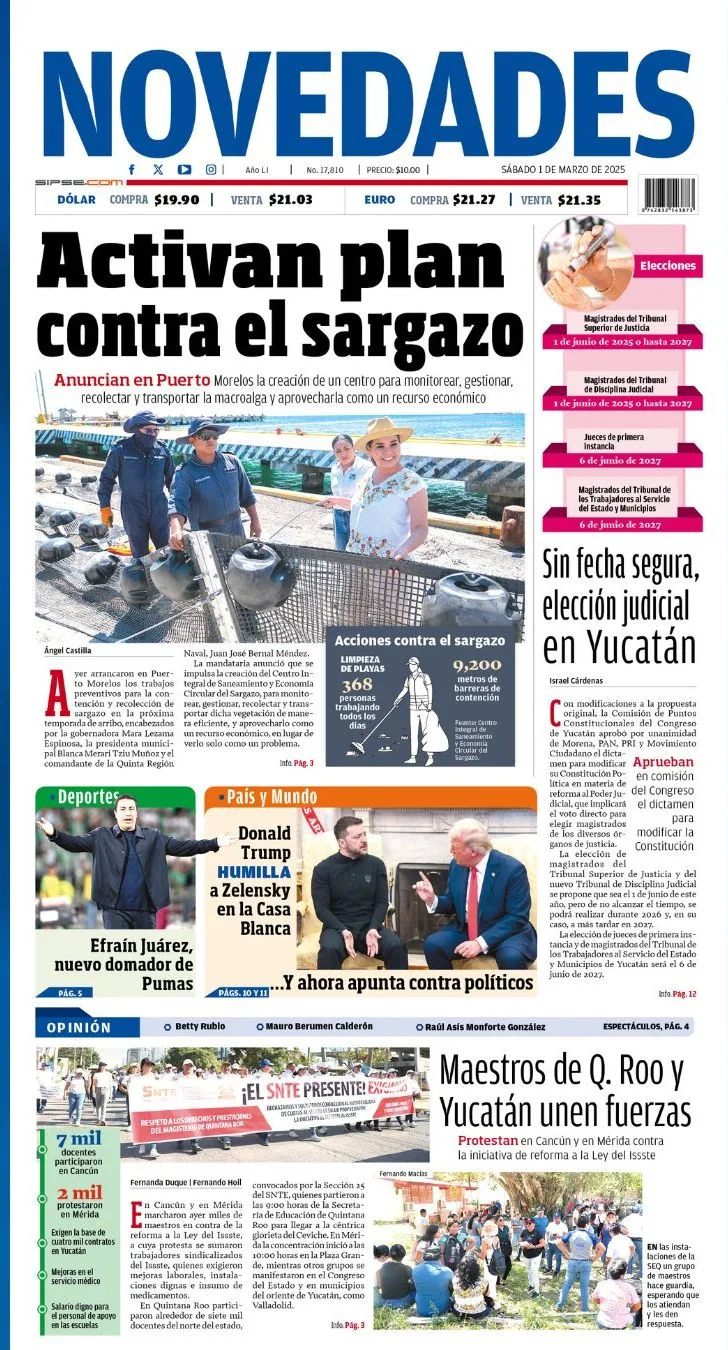 Portada de Novedades Quintana Roo del sábado, 1 de marzo de 2025