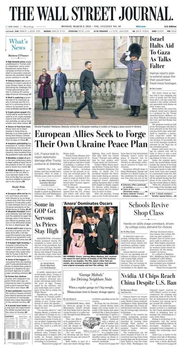 Portada de The Wall Street Journal del lunes, 3 de marzo de 2025
