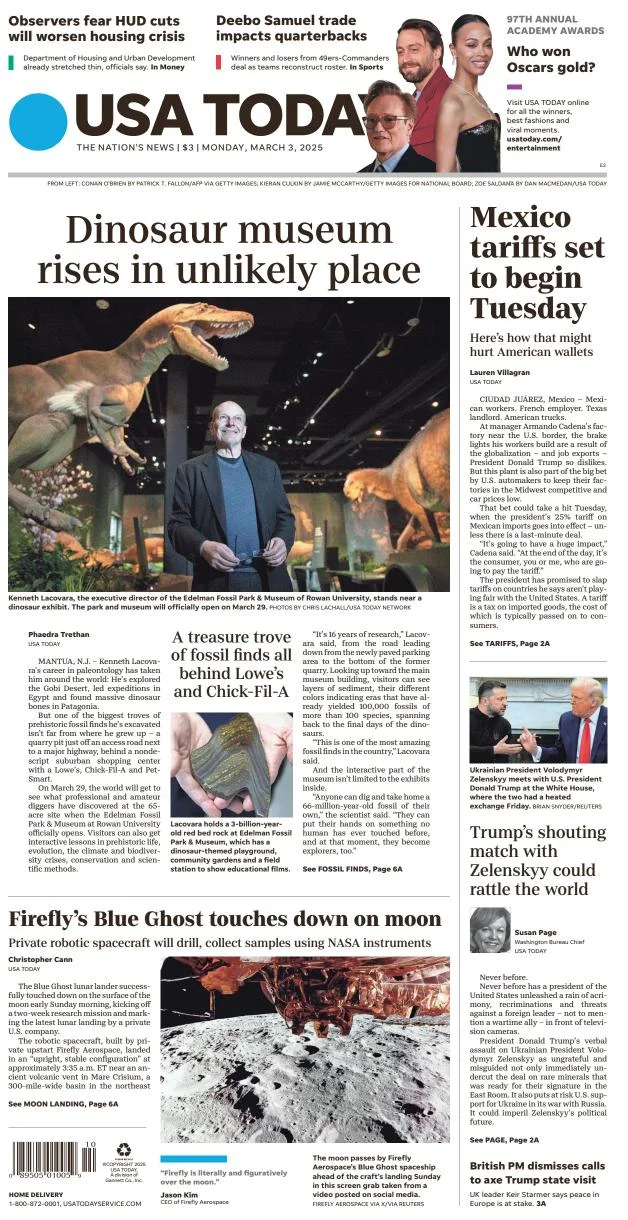 Portada de Usa Today del lunes, 3 de marzo de 2025