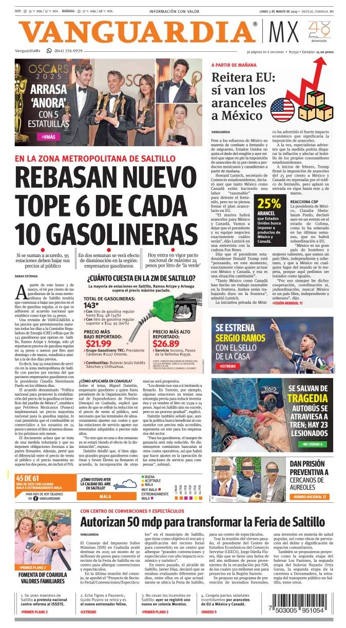 Portada de Vanguardia del lunes, 3 de marzo de 2025