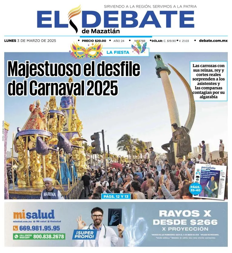 Portada de El Debate de Mazatlan del lunes, 3 de marzo de 2025
