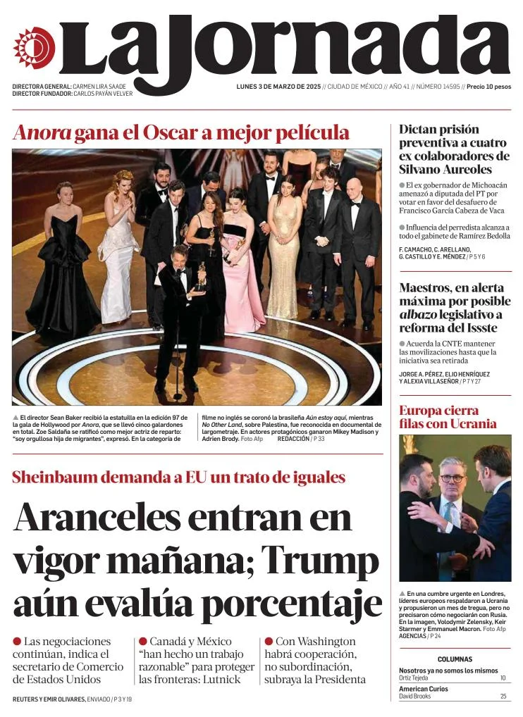 Portada de La Jornada del lunes, 3 de marzo de 2025
