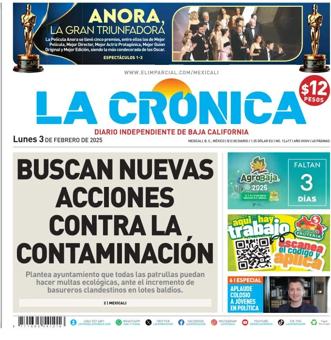 Portada de La Cronica del lunes, 3 de marzo de 2025