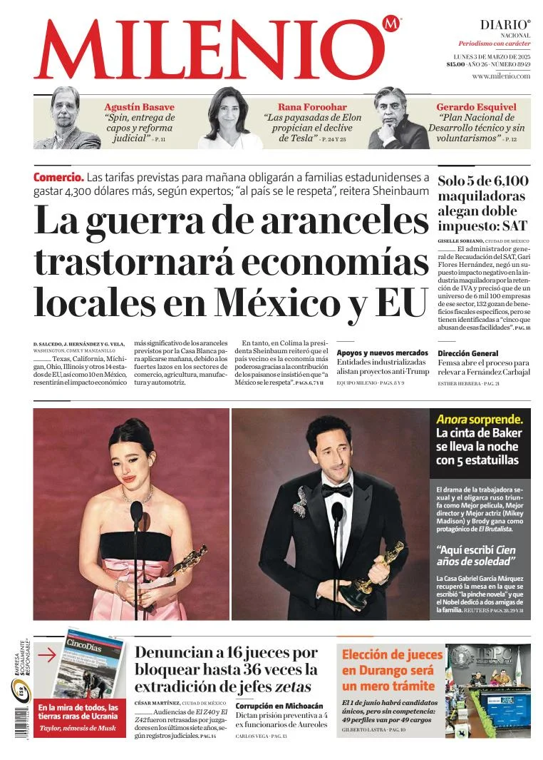 Portada de Milenio del lunes, 3 de marzo de 2025