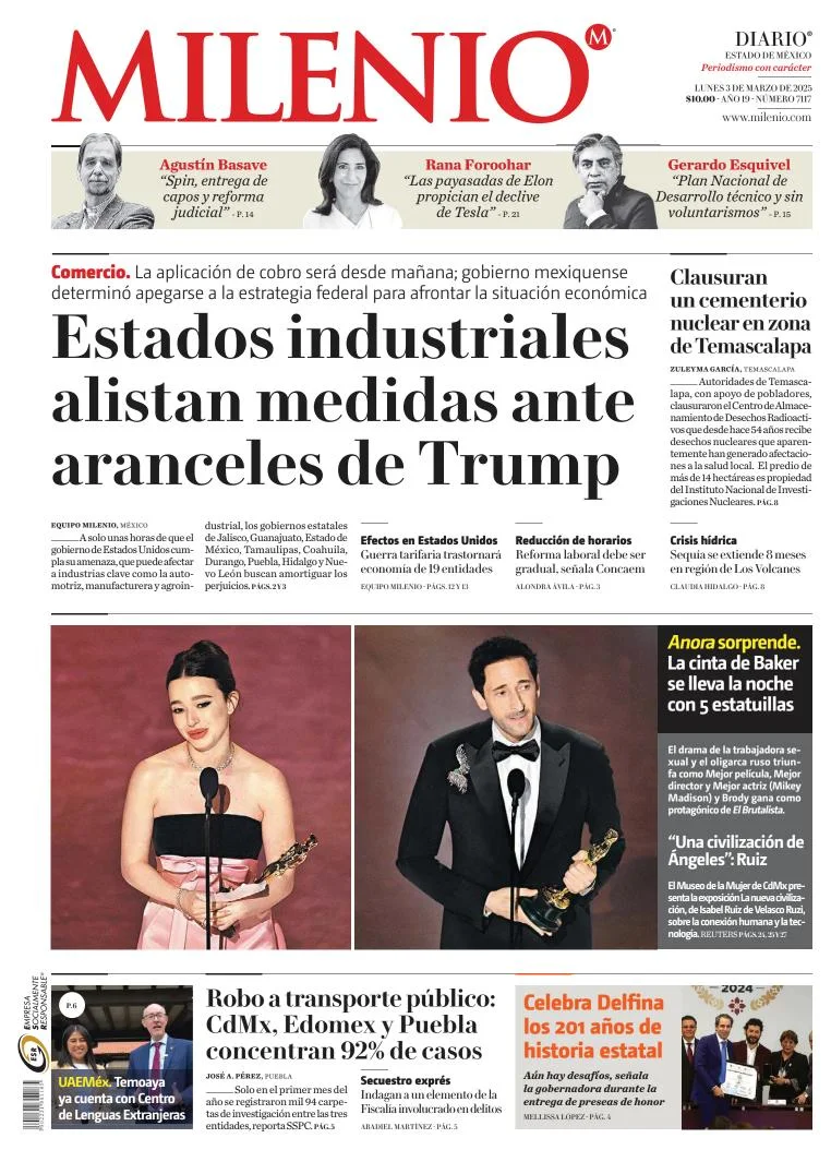 Portada de Milenio Edo de Mexico del lunes, 3 de marzo de 2025
