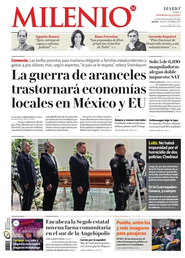 Portada de Milenio Puebla del lunes, 3 de marzo de 2025