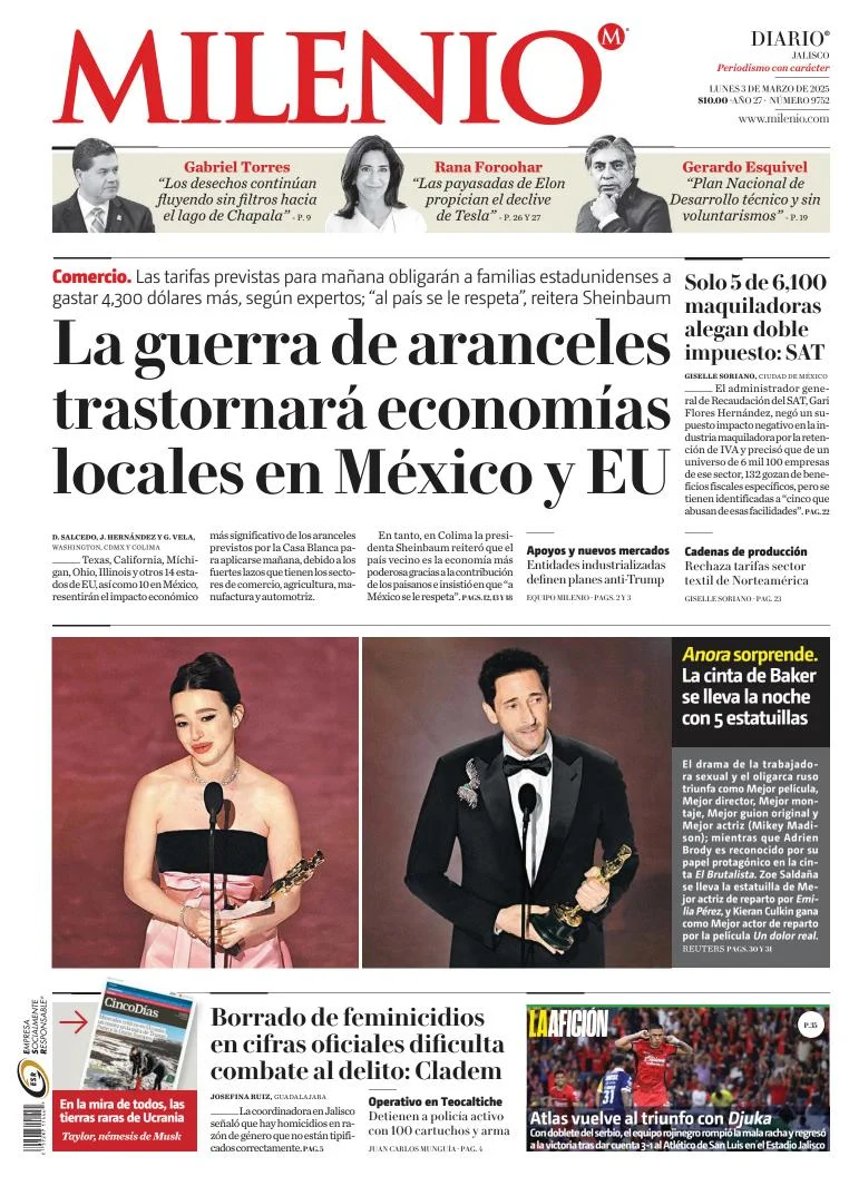 Portada de Milenio Jalisco del lunes, 3 de marzo de 2025