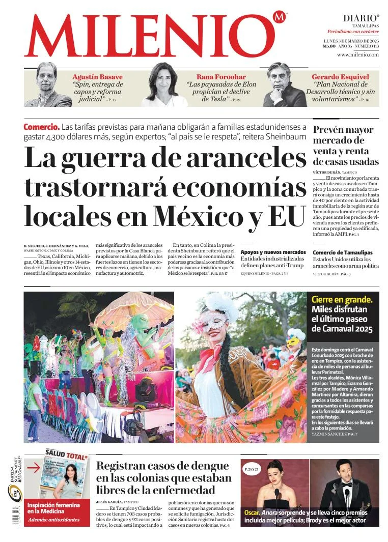 Portada de Milenio Tamaulipas del lunes, 3 de marzo de 2025