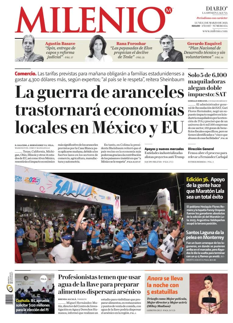 Portada de Milenio Laguna del lunes, 3 de marzo de 2025