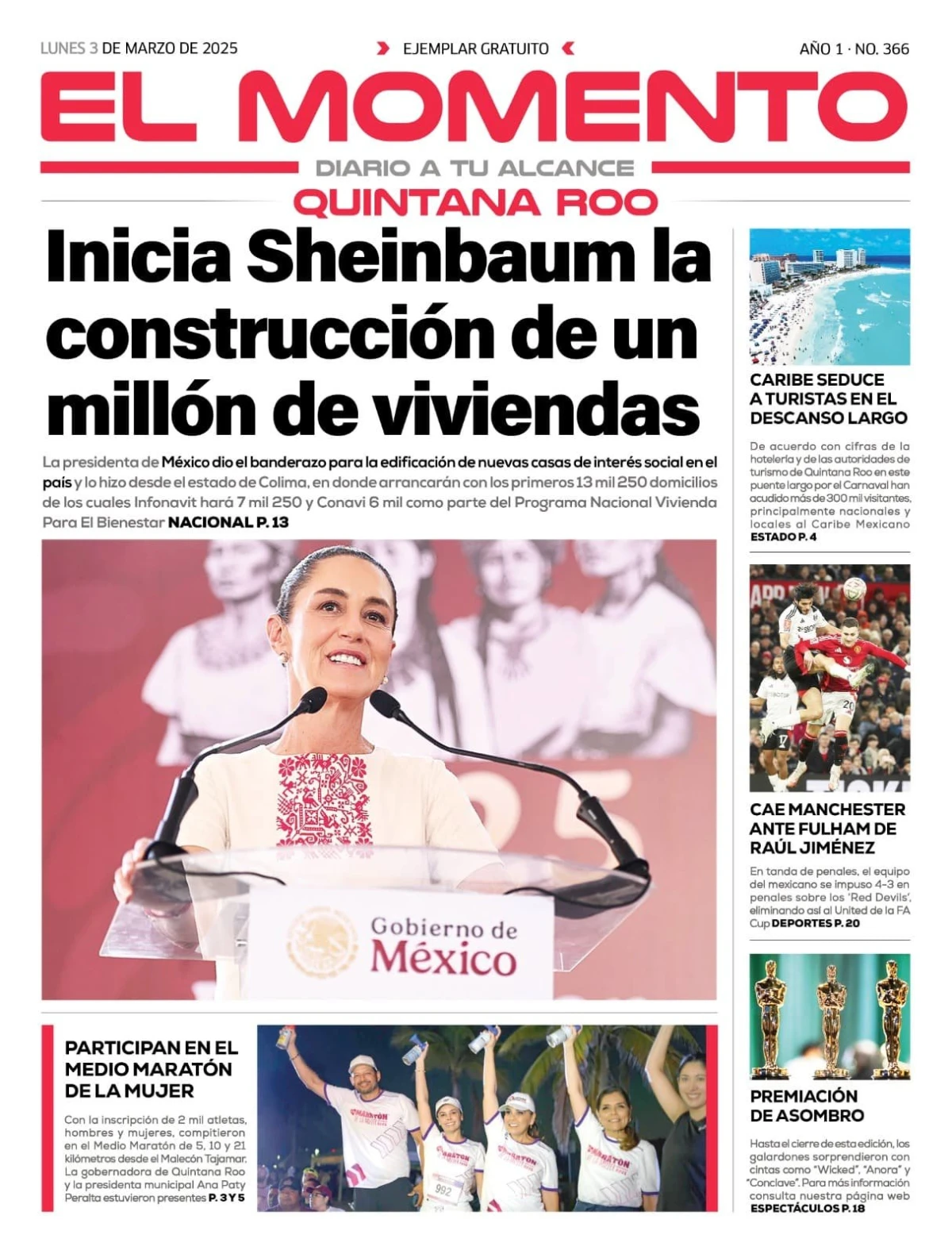 Portada de El Momento Quintana Roo del lunes, 3 de marzo de 2025