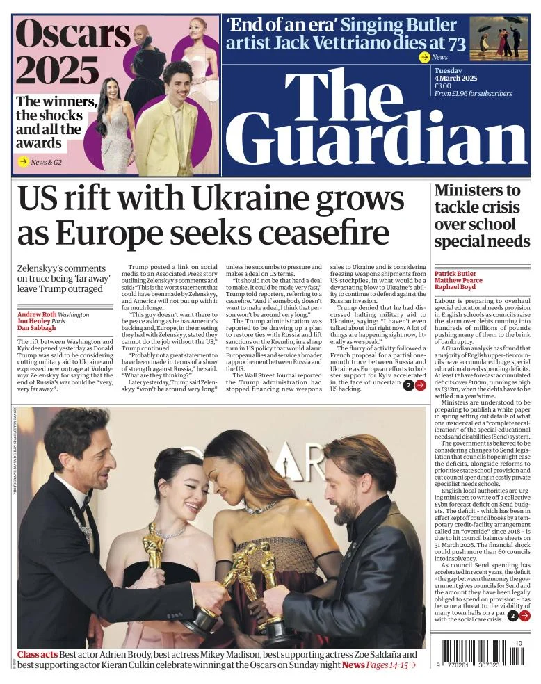 Portada de The Guardian (reino Unido) del martes, 4 de marzo de 2025