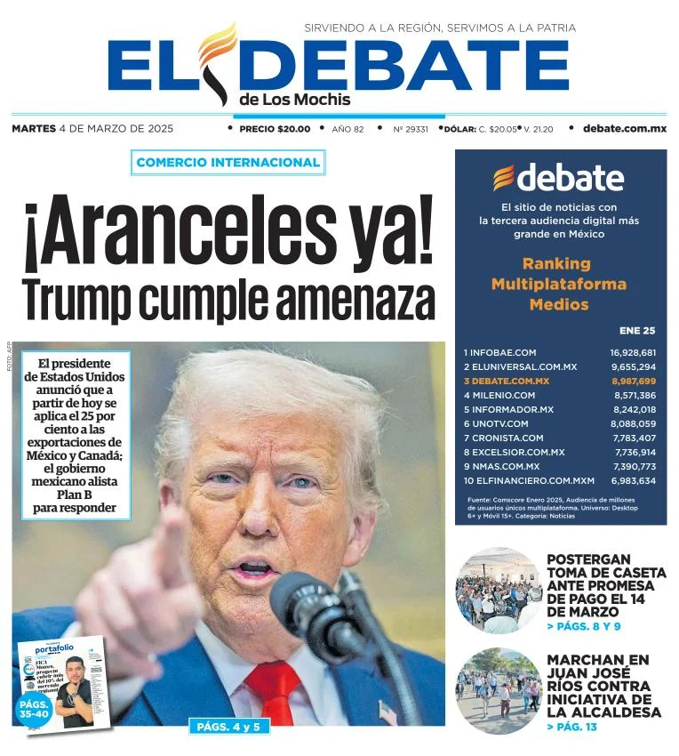 Portada de El Debate de los Mochis del martes, 4 de marzo de 2025