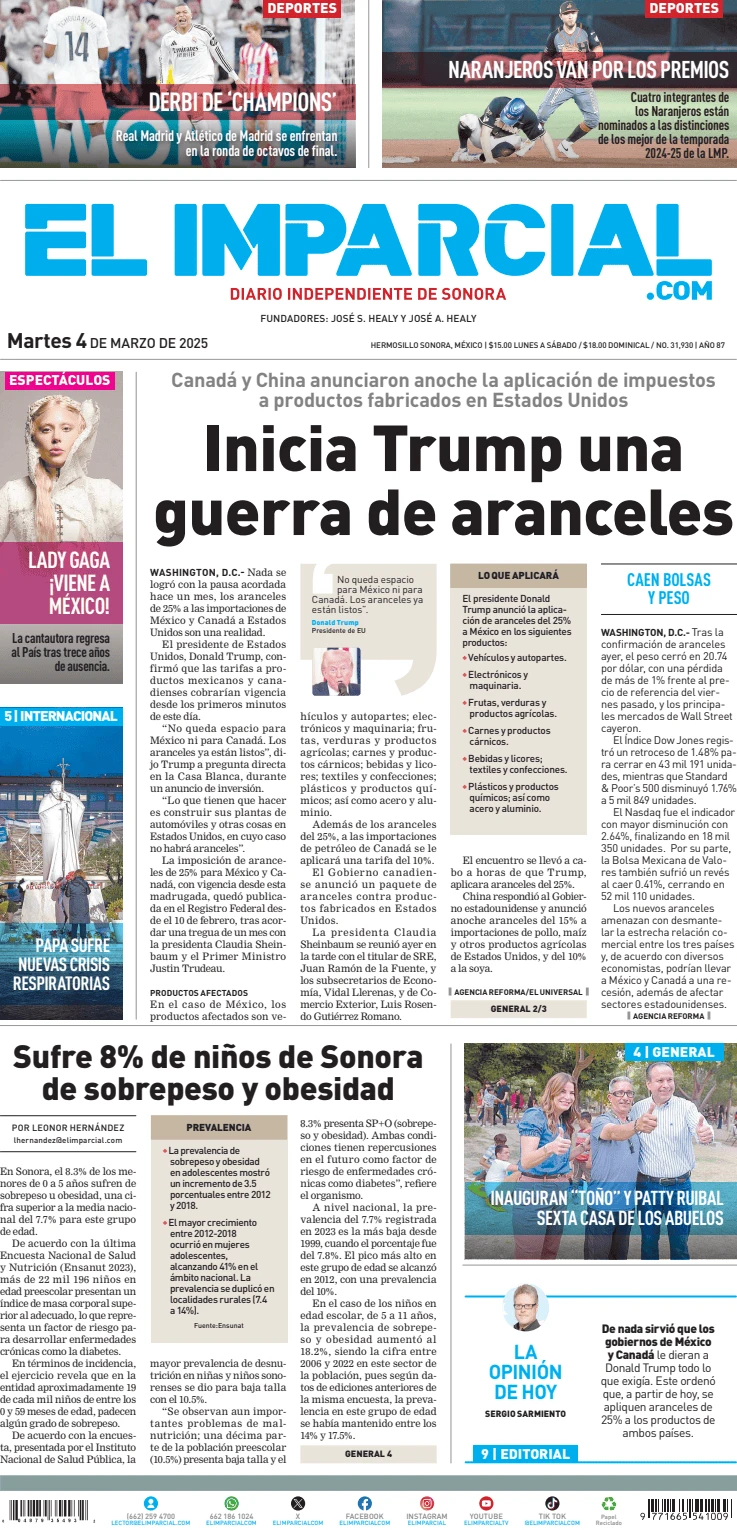 Portada de El Imparcial del martes, 4 de marzo de 2025