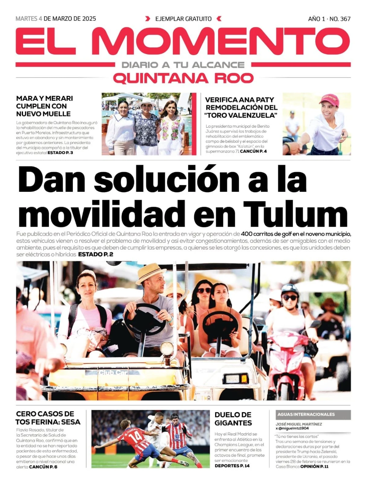 Portada de El Momento Quintana Roo del martes, 4 de marzo de 2025