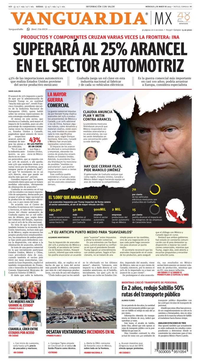 Portada de Vanguardia del miércoles, 5 de marzo de 2025