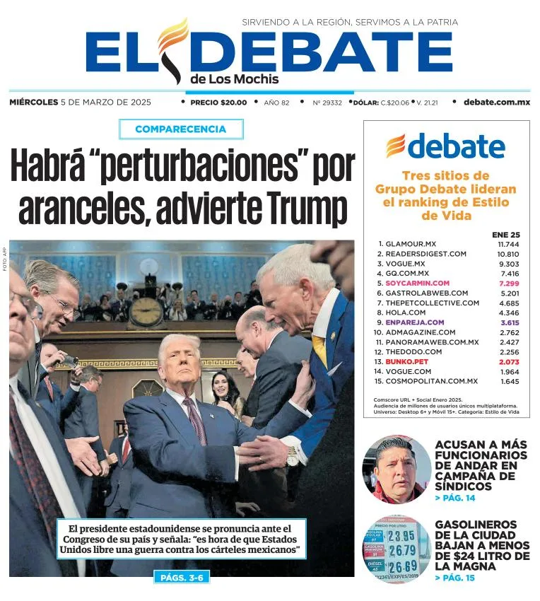 Portada de El Debate de los Mochis del miércoles, 5 de marzo de 2025