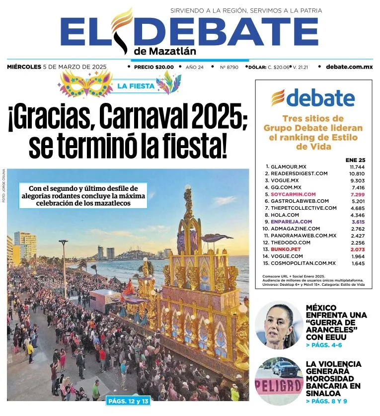 Portada de El Debate de Mazatlan del miércoles, 5 de marzo de 2025