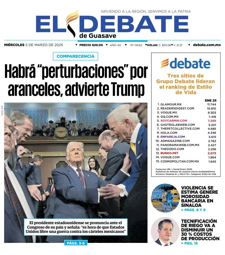 Portada de El Debate de Guasave del miércoles, 5 de marzo de 2025
