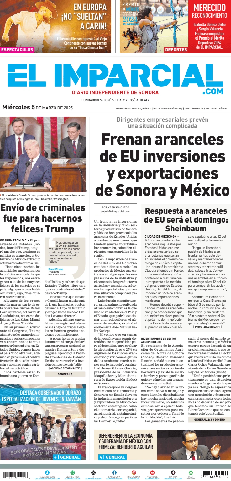 Portada de El Imparcial del miércoles, 5 de marzo de 2025