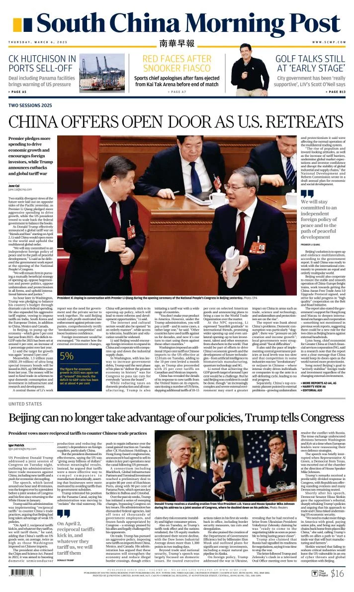 Portada de South China Morning Post del jueves, 6 de marzo de 2025