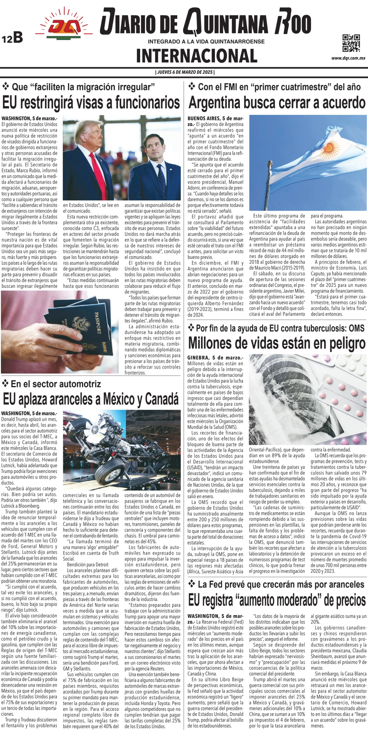 Portada de Diario de Quintana Roo (contra Portada) del jueves, 6 de marzo de 2025