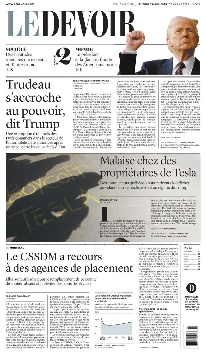 Portada de Le Devoir del jueves, 6 de marzo de 2025