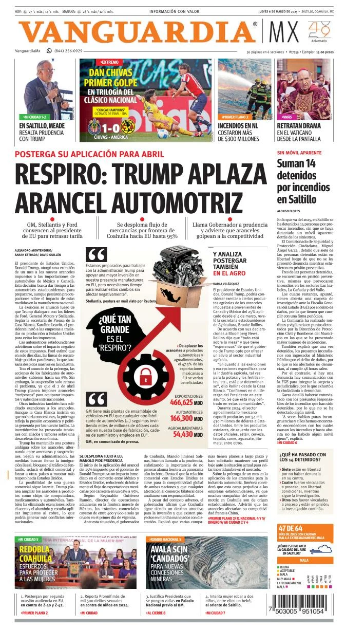 Portada de Vanguardia del jueves, 6 de marzo de 2025