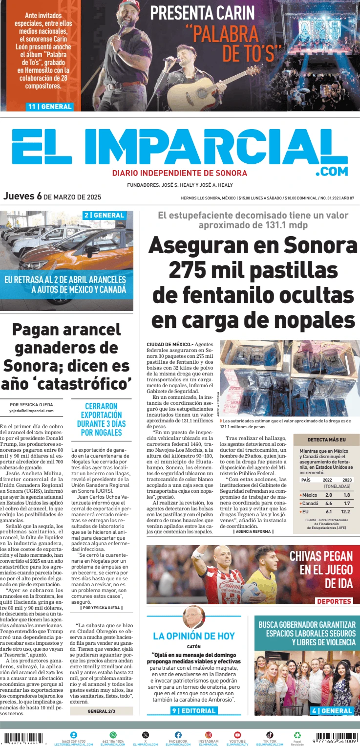 Portada de El Imparcial del jueves, 6 de marzo de 2025