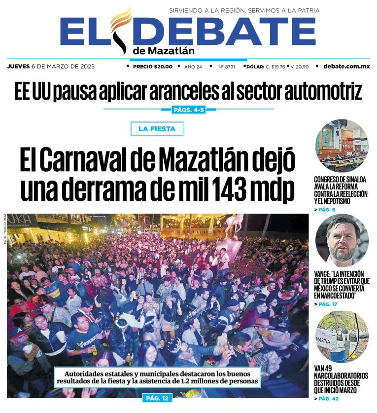 Portada de El Debate de Mazatlan del jueves, 6 de marzo de 2025