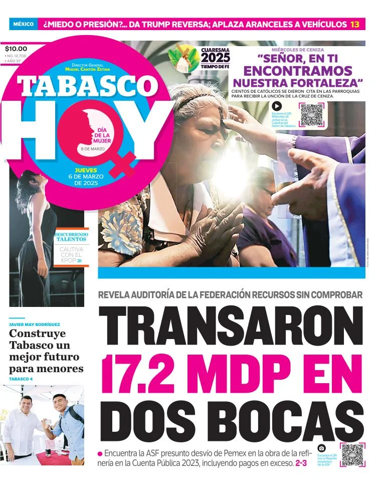 Portada de Tabasco Hoy del jueves, 6 de marzo de 2025