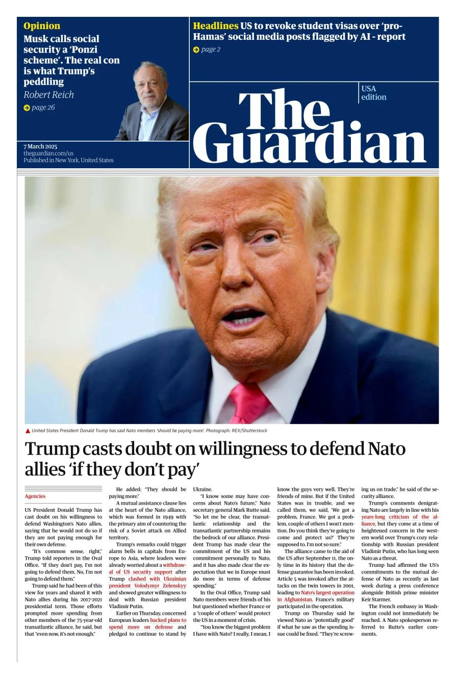 Portada de The Guardian (usa) del viernes, 7 de marzo de 2025