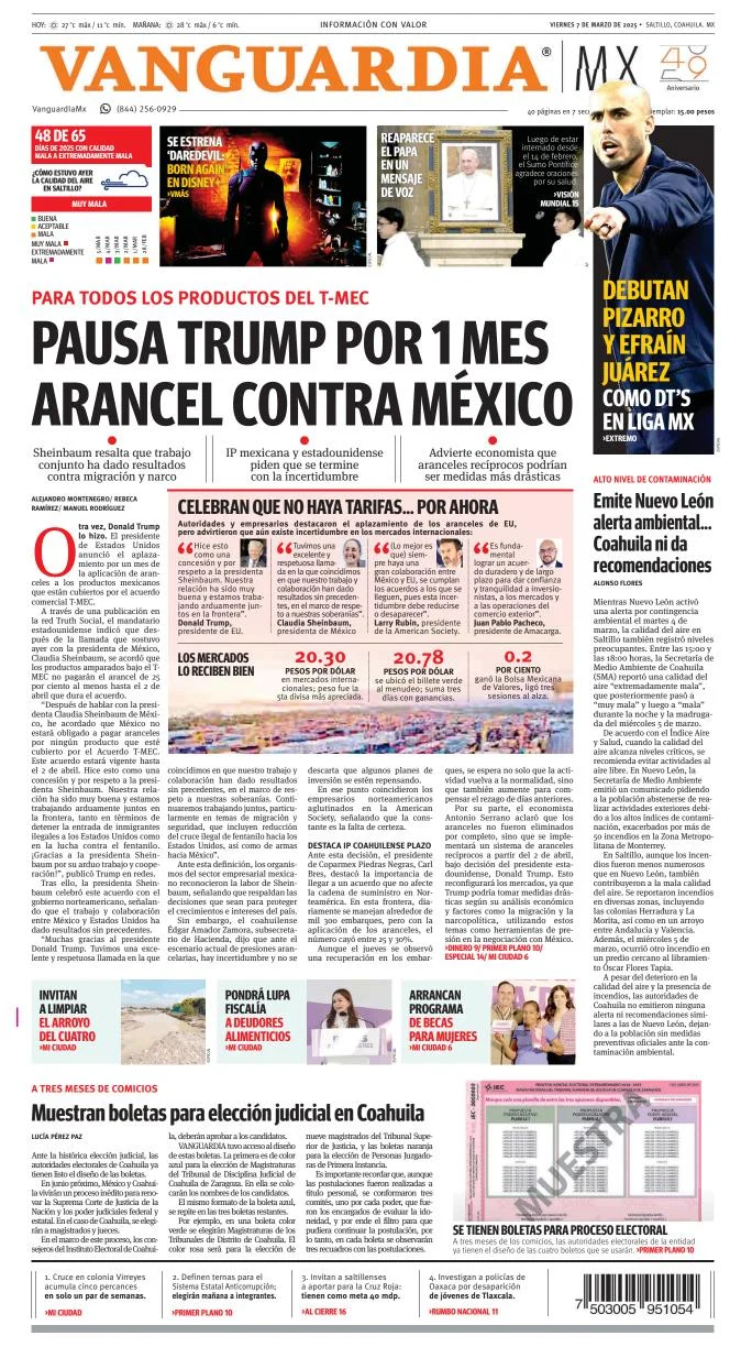 Portada de Vanguardia del viernes, 7 de marzo de 2025