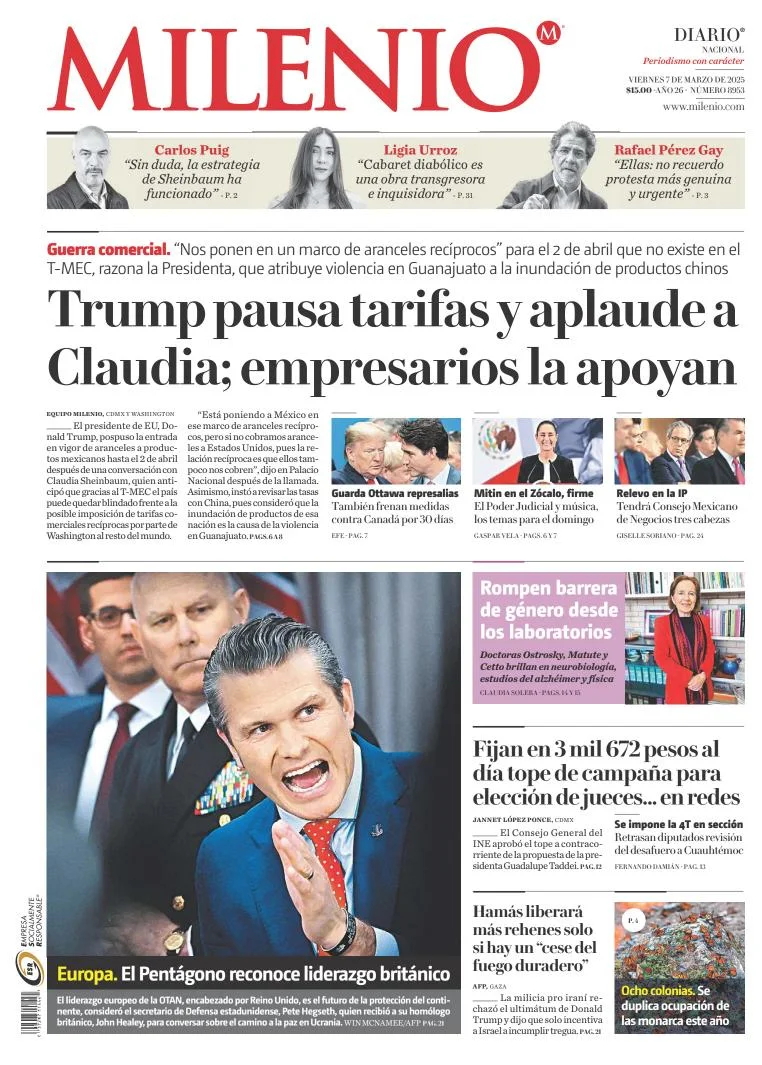Portada de Milenio del viernes, 7 de marzo de 2025