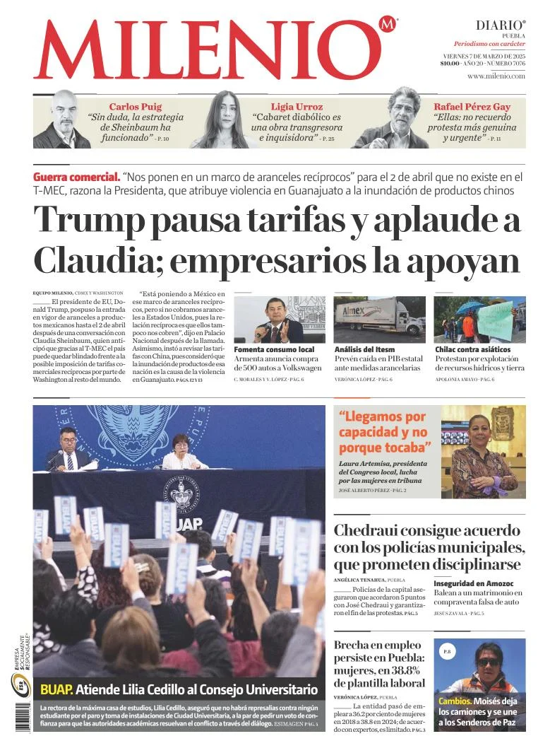 Portada de Milenio Puebla del viernes, 7 de marzo de 2025