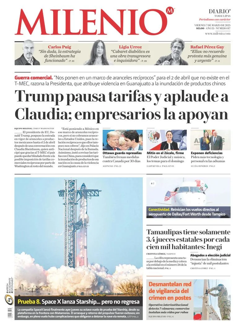 Portada de Milenio Tamaulipas del viernes, 7 de marzo de 2025