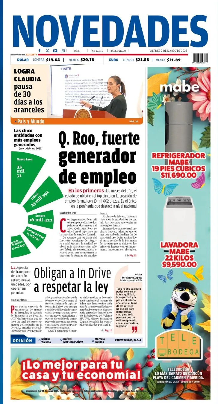 Portada de Novedades Quintana Roo del viernes, 7 de marzo de 2025