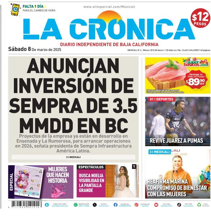 Portada de La Cronica del sábado, 8 de marzo de 2025