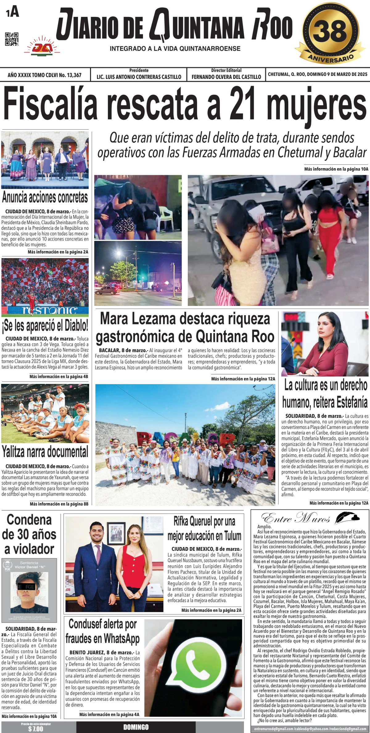 Portada de Diario de Quintana Roo (portada) del domingo, 9 de marzo de 2025