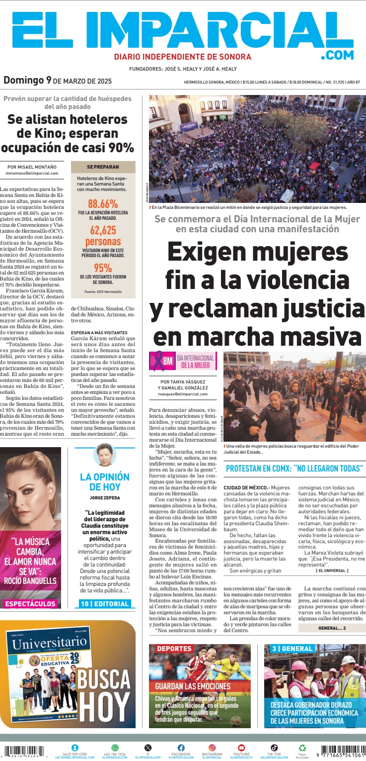Portada de El Imparcial del domingo, 9 de marzo de 2025