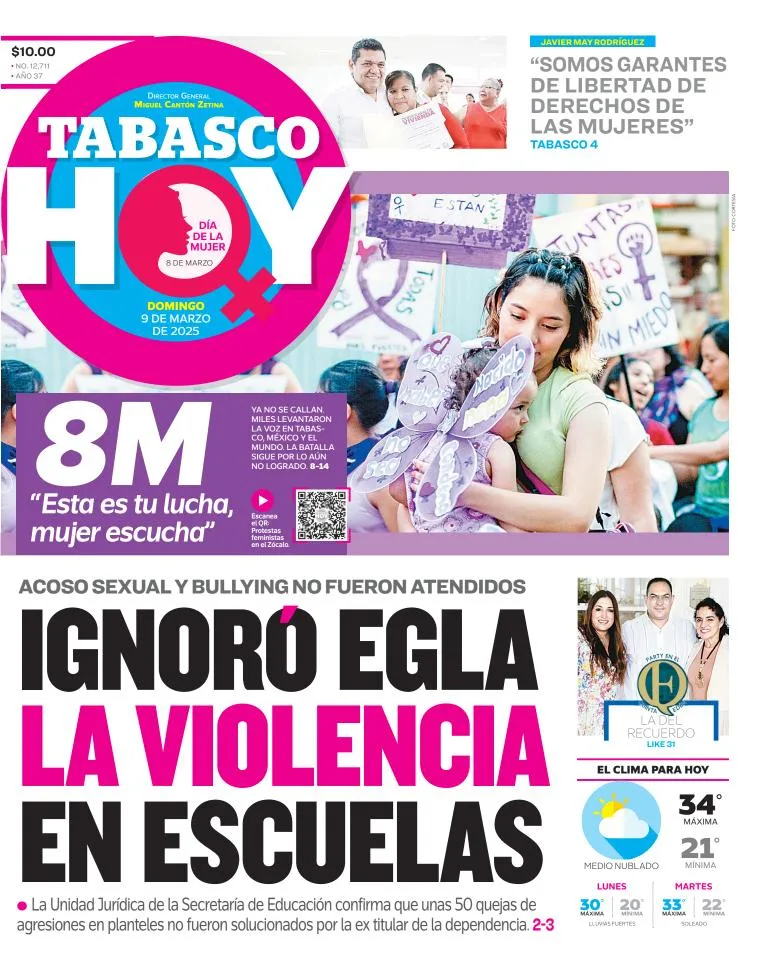 Portada de Tabasco Hoy del domingo, 9 de marzo de 2025